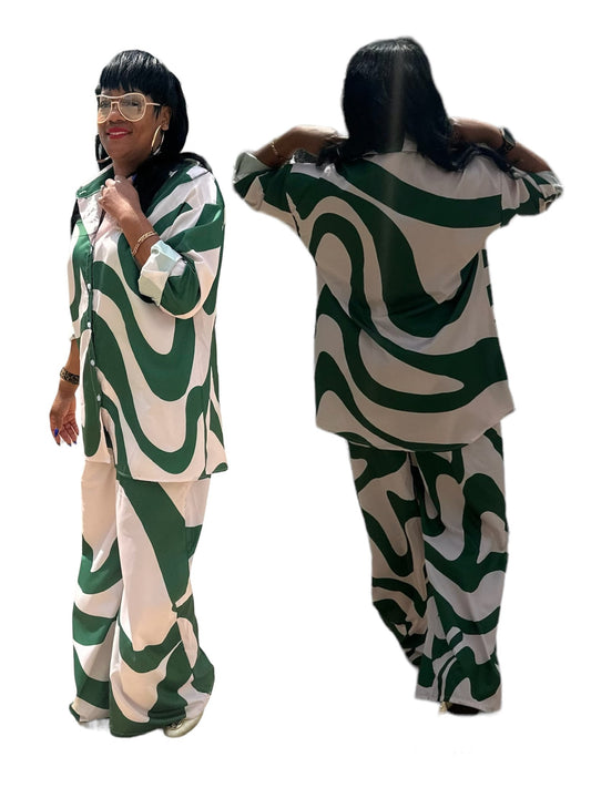 Two piece oversized green swirl set