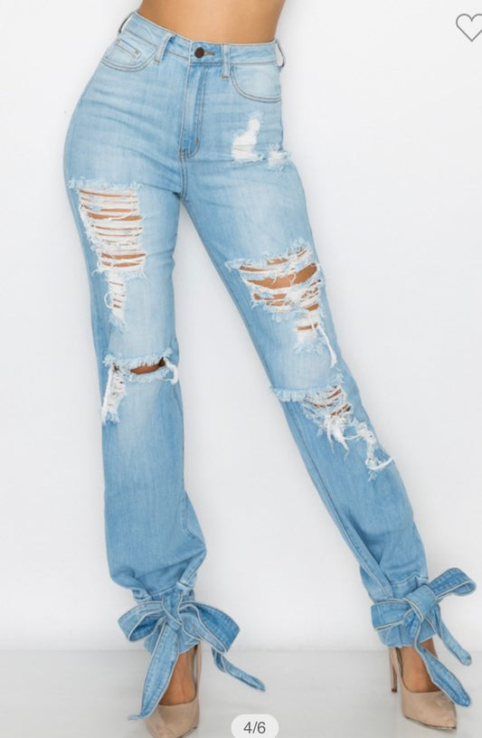 Loose Fit High Waist Jeans W/ Ankle Ties