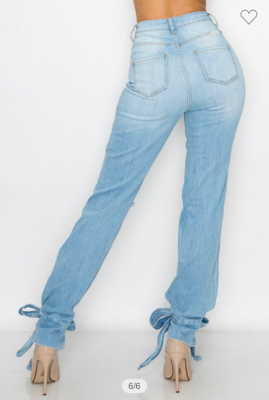 Loose Fit High Waist Jeans W/ Ankle Ties
