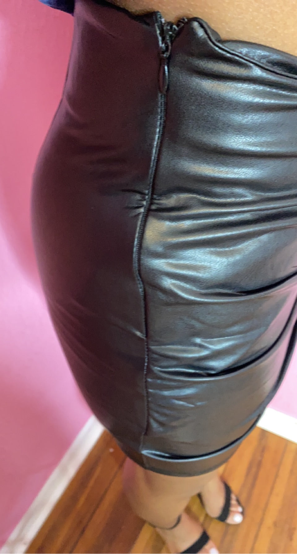 Faux leather mini skirt w/ gold button detail