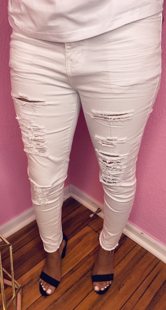 White denim distressed jeans