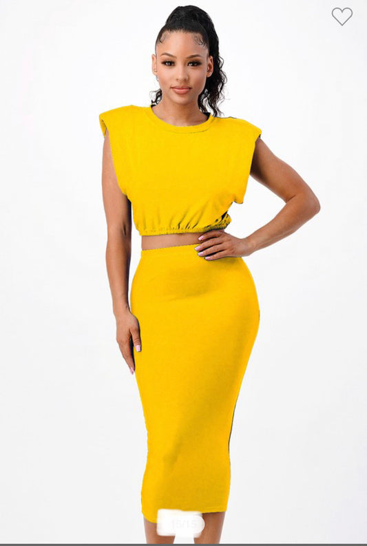 Yellow Padded Sleeveless Crop Top & Skirt
