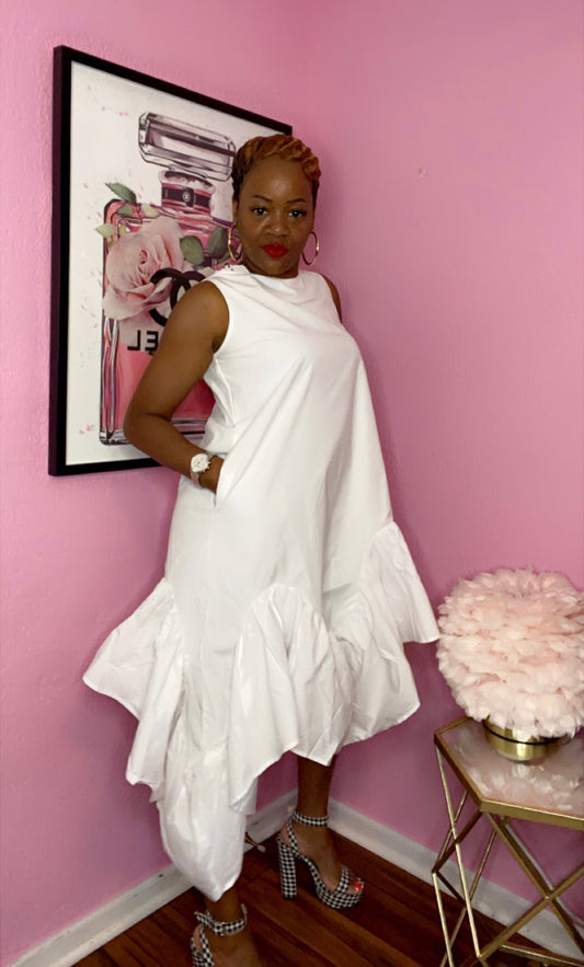 Asymmetric White Dress w/Pockets